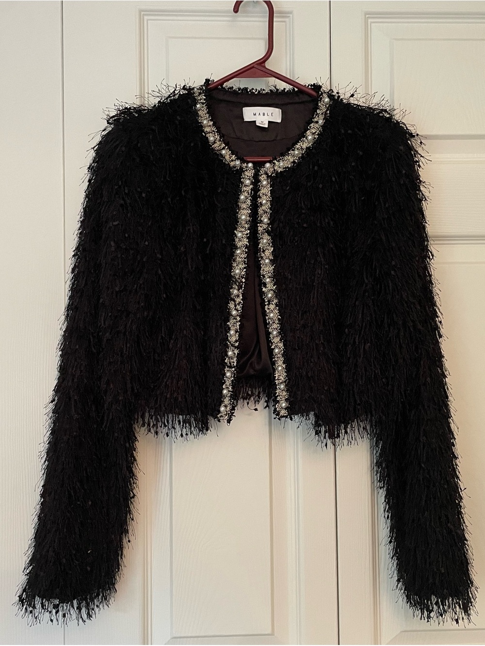 Anthropologie MABLE Black Fringe Trim Evening Wedding Cropped Jacket Medium